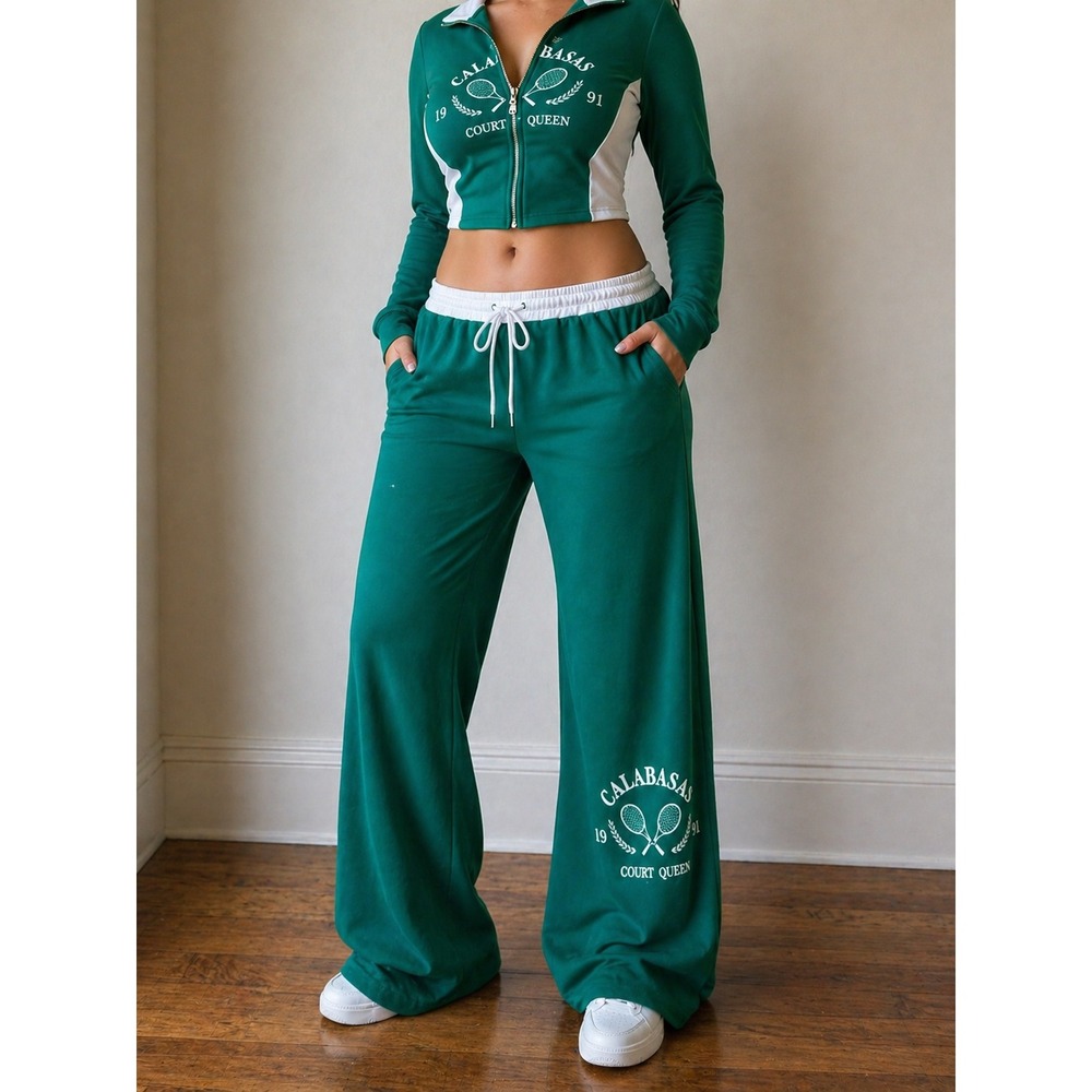 Fashion Nova Y2K Calabasas Track Set Large Green Jacket Wide Leg Lounge Pants